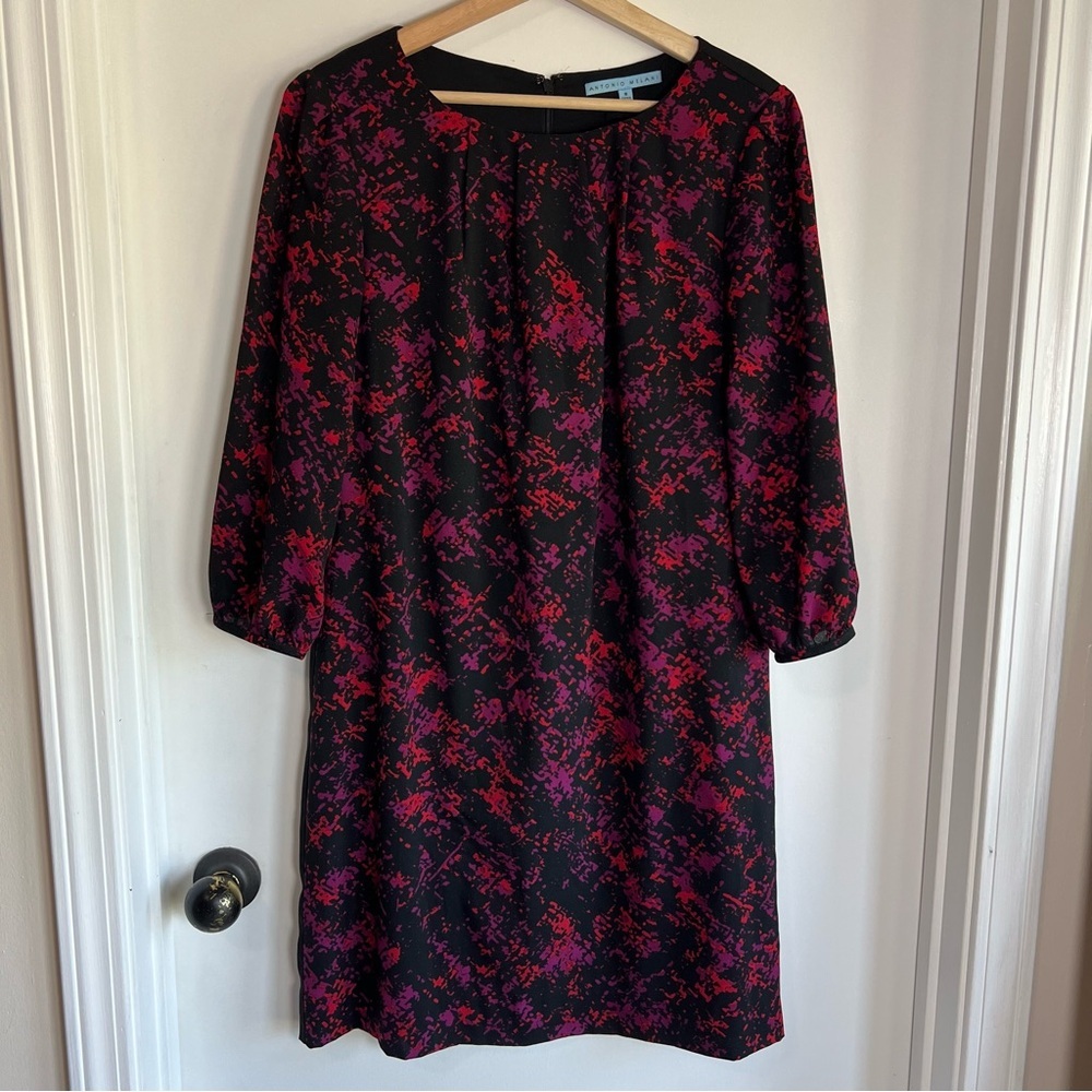 Antonio Melani 3/4 Sleeve Black Red Multicolor‎ Boat Neck Mini Dress, Size 8